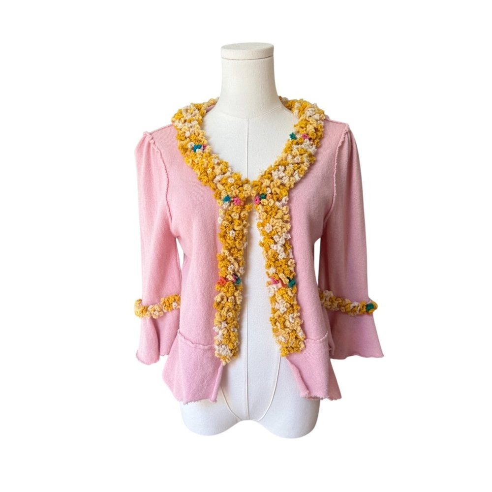 Anthropologie Pink Cardigan with Yellow Floral Trim